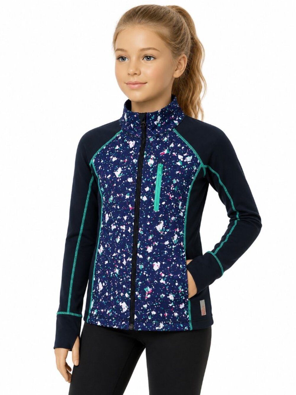 Zella Girl Blue Fleck Print Long Sleeve Zip Up Athleisure Jacket Girls XL 14-16